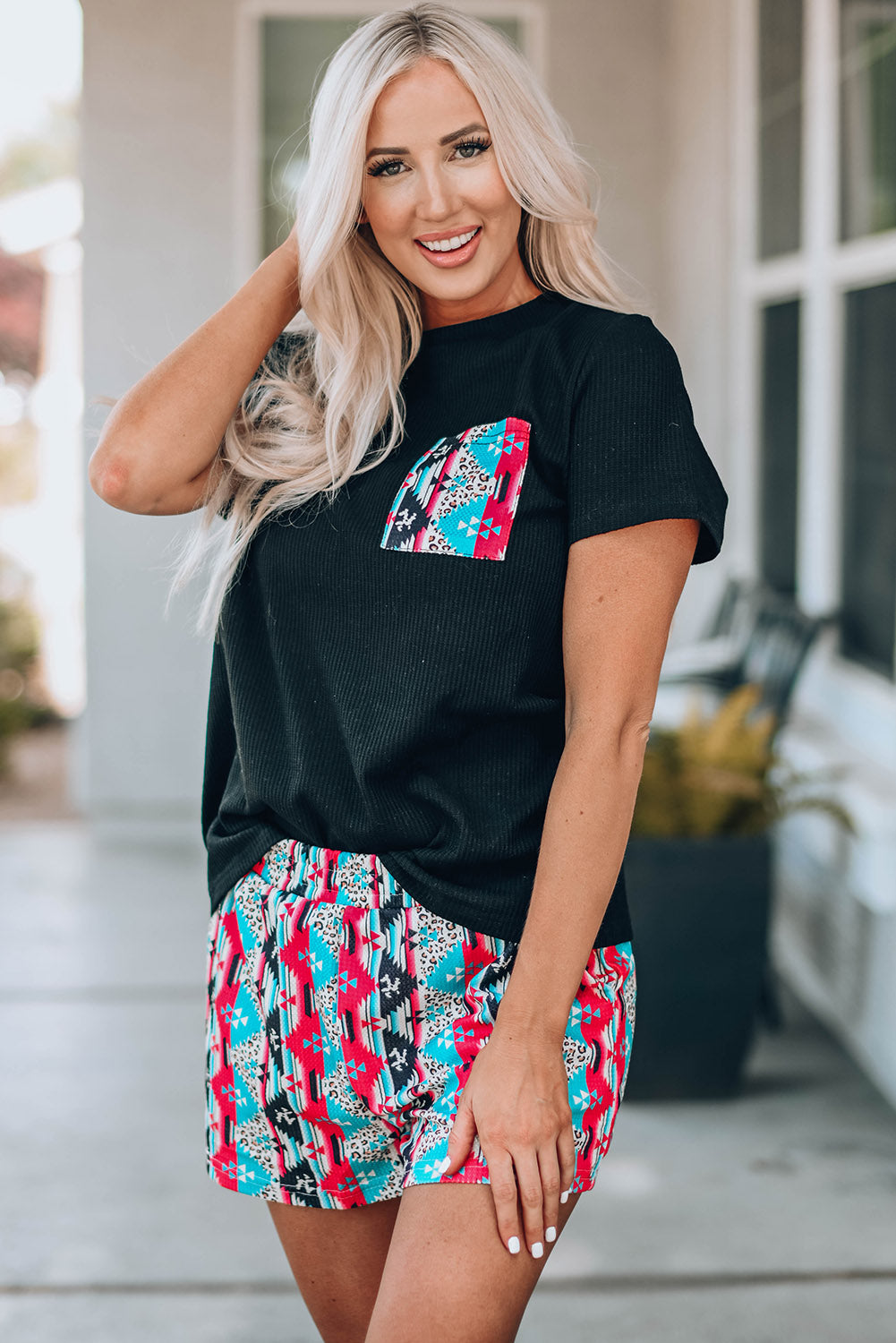 Aztec Pocketed Tee and Shorts Set