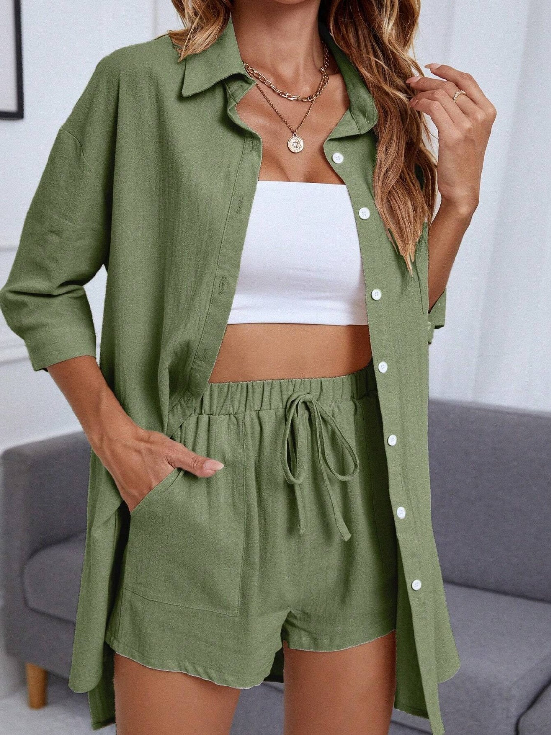 Dropped Shoulder Button Up Shirt and Shorts Set