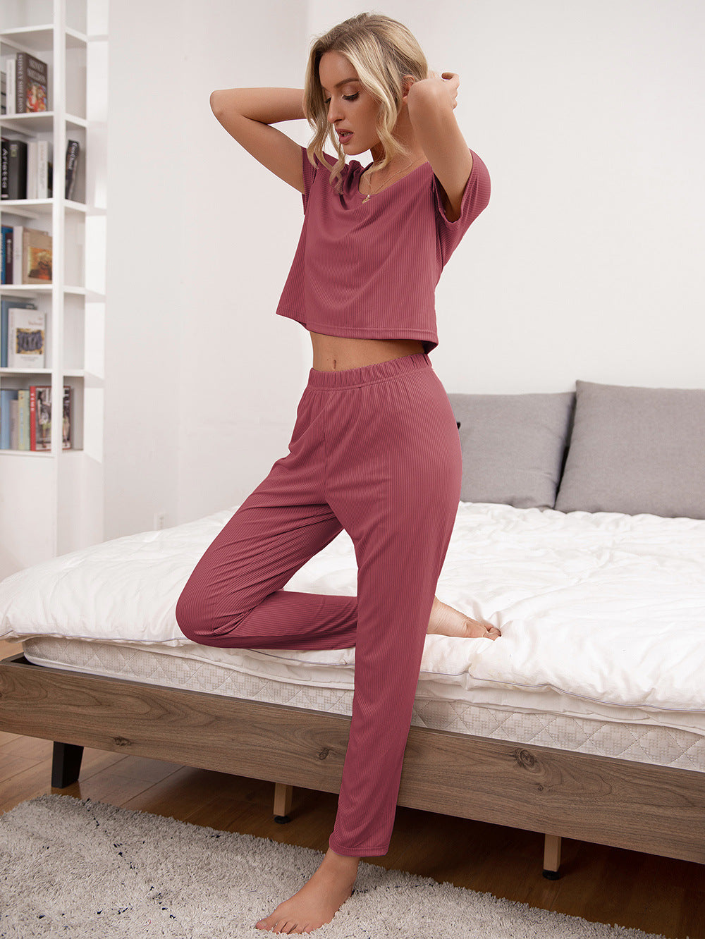 Round Neck Short Sleeve Top and Pants Lounge Set