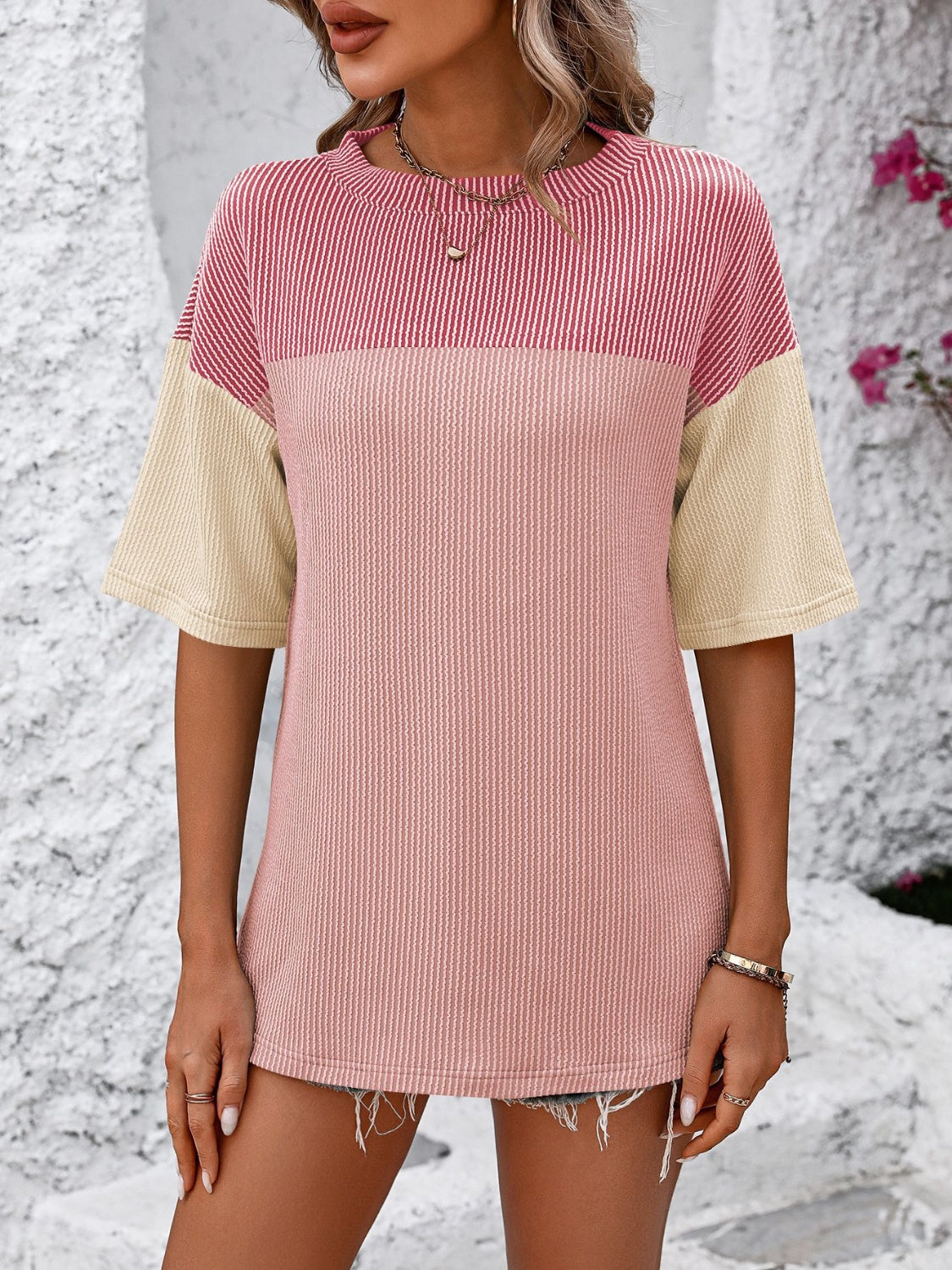 Color Block Round Neck Half Sleeve T-Shirt