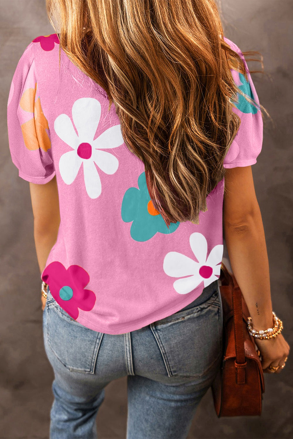 Flower Round Neck Short Sleeve Blouse