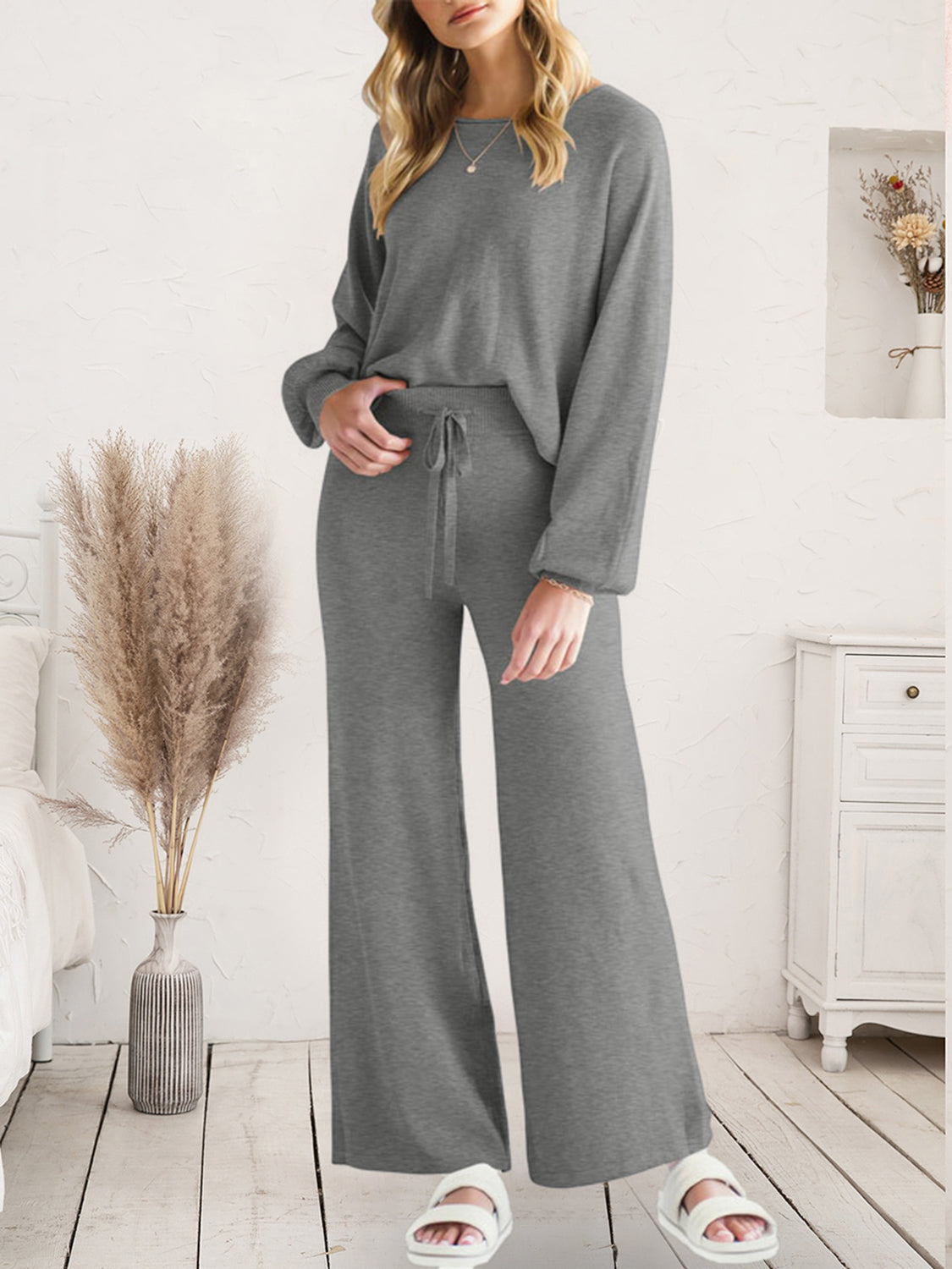 Long Sleeve Lounge Top and Drawstring Pants Set