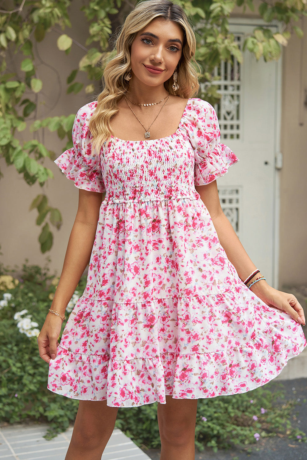 Smocked Printed Flounce Sleeve Mini Dress