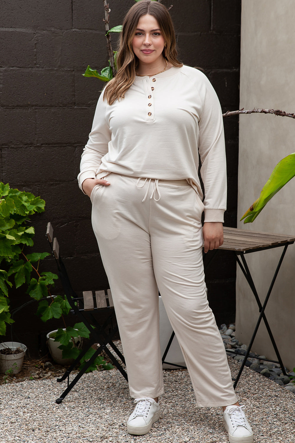 Plus Size Half Button Top and Pants Set