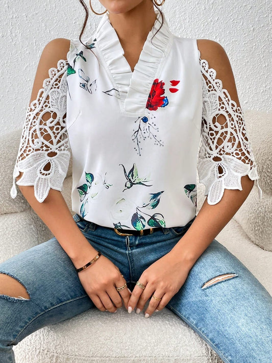 Full Size Lace Printed Half Sleeve Blouse