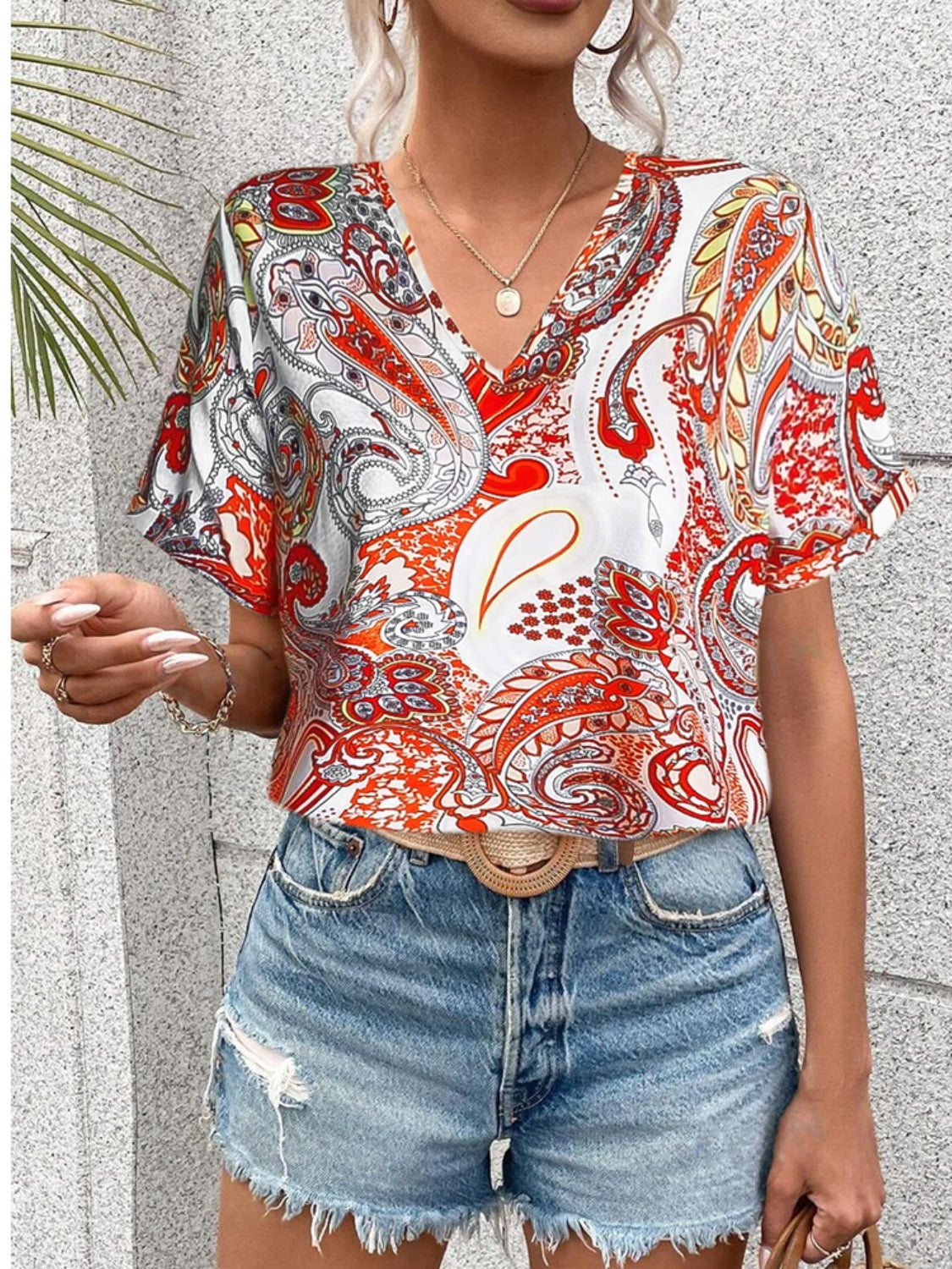 Printed V-Neck Short Sleeve Blouse