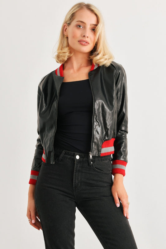 Comme PU Leather Baseball Collar Long Sleeve Jacket