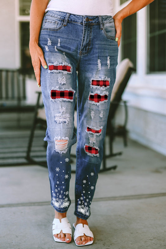 Plaid Snow Graphic Distressed Jeans