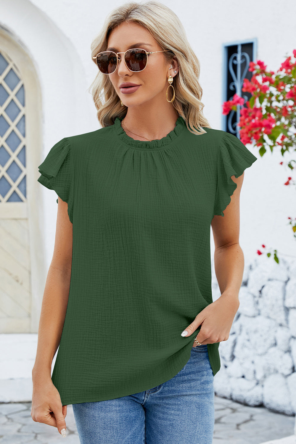 Ruffled Round Neck Cap Sleeve Blouse