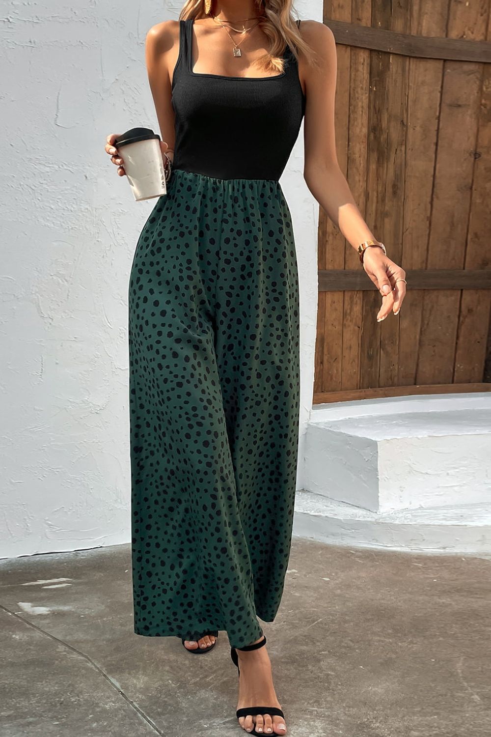 Two-Tone Square Neck Wide Leg Jumpsuit