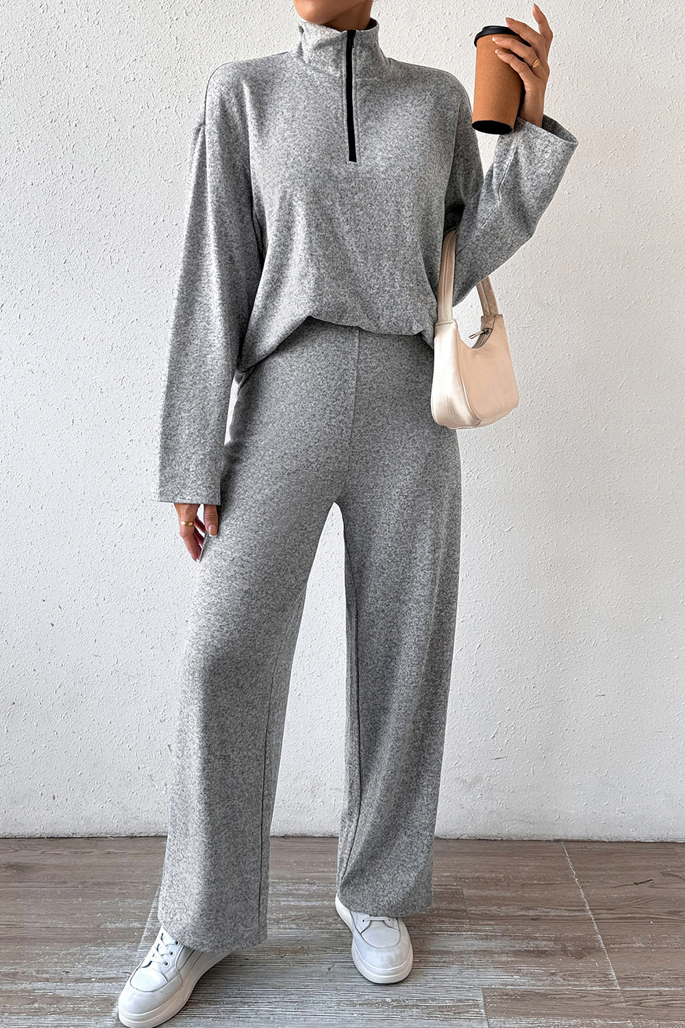 Quarter Zip Dropped Shoulder Top and Pants Set