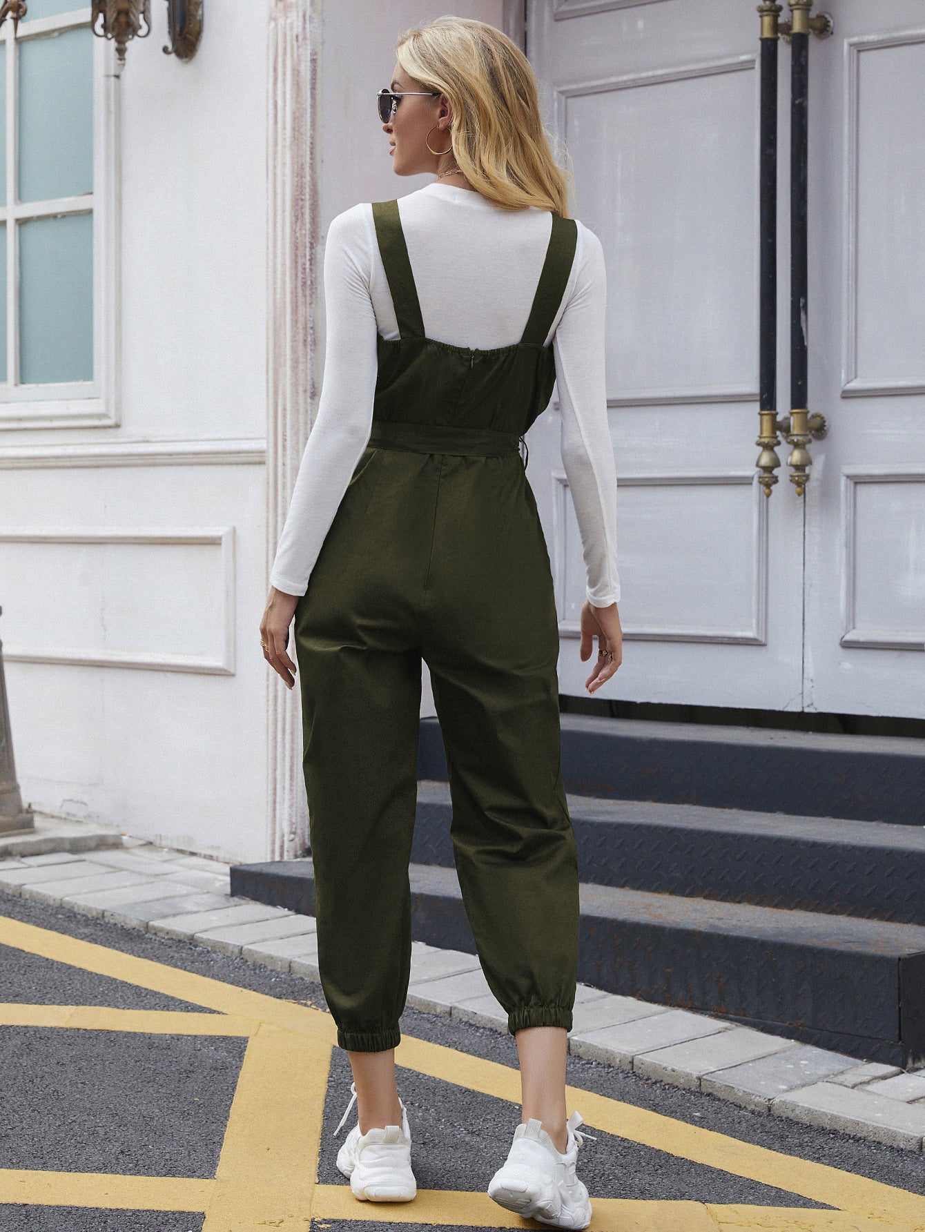 Tie Waist Surplice Neck Overall Jumpsuit