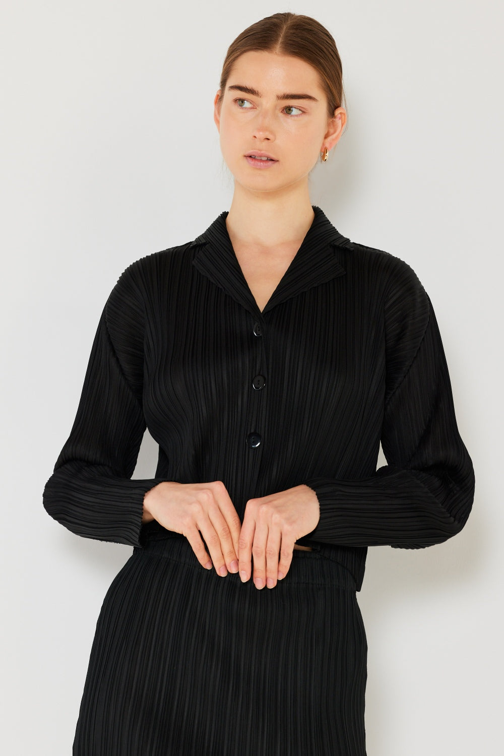 Marina West Swim Pleated Cropped Button Up Shirt