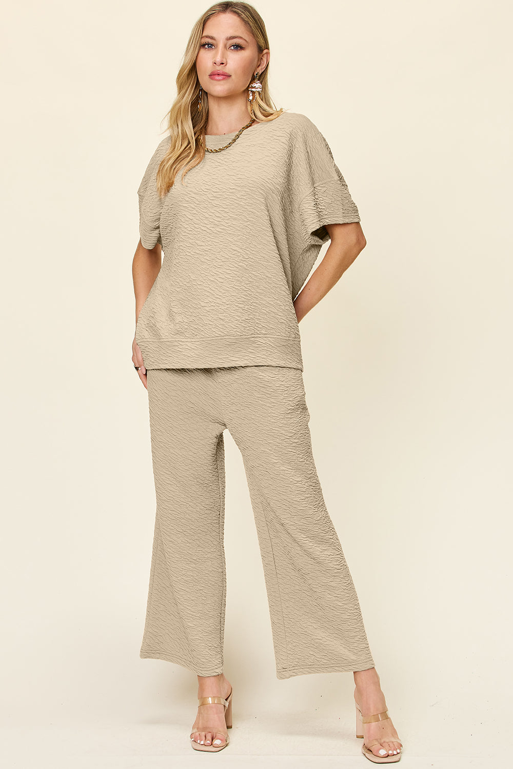 Double Take Full Size Texture Short Sleeve Top and Pants Set