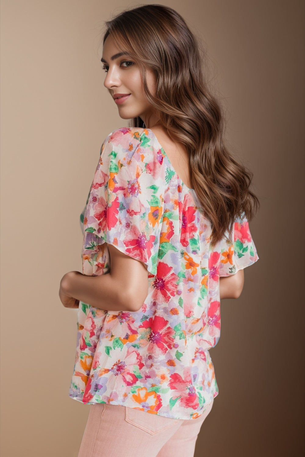 Printed Scoop Neck Flutter Sleeve Blouse