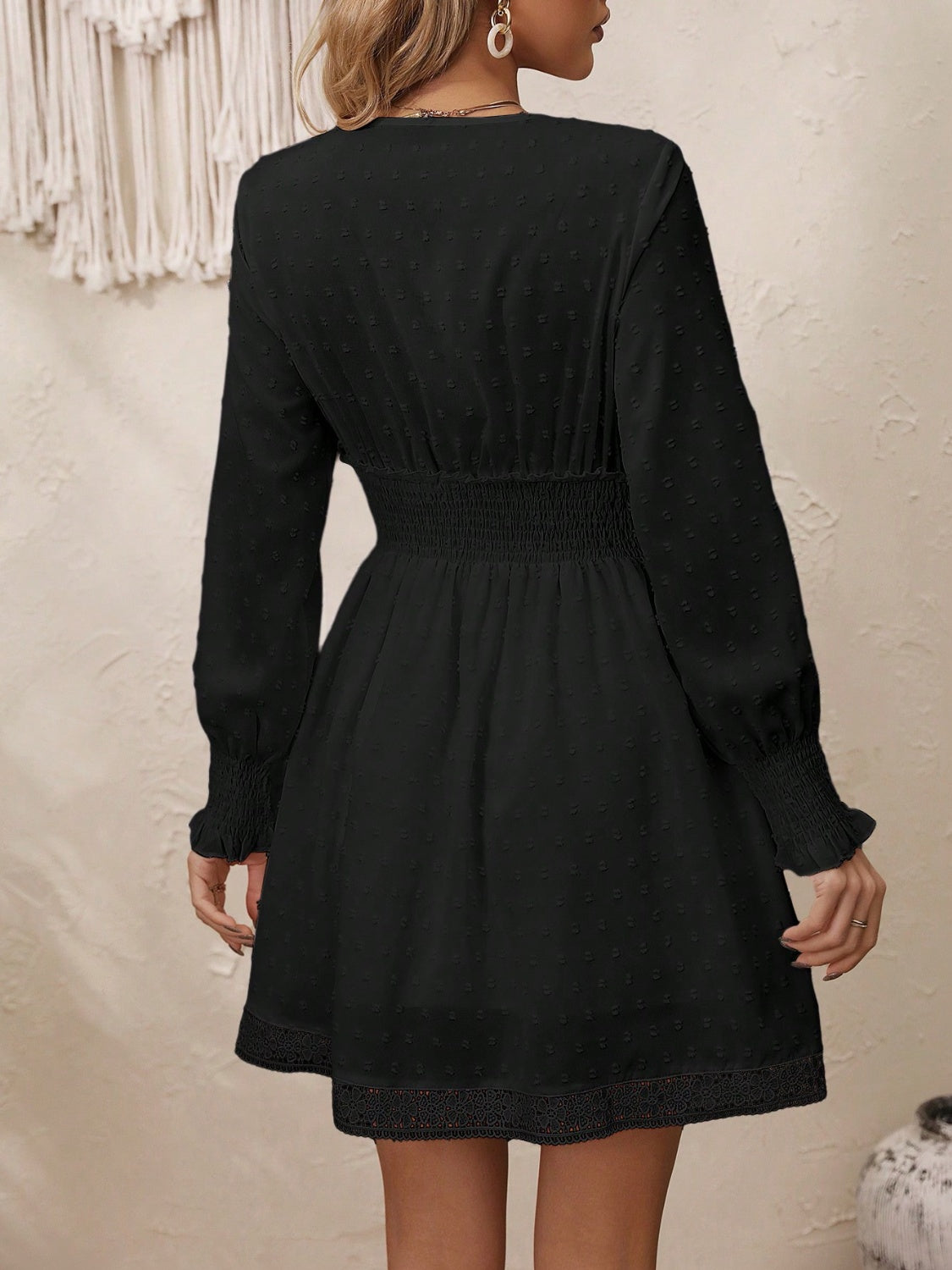 Lace Detail V-Neck Long Sleeve Dress