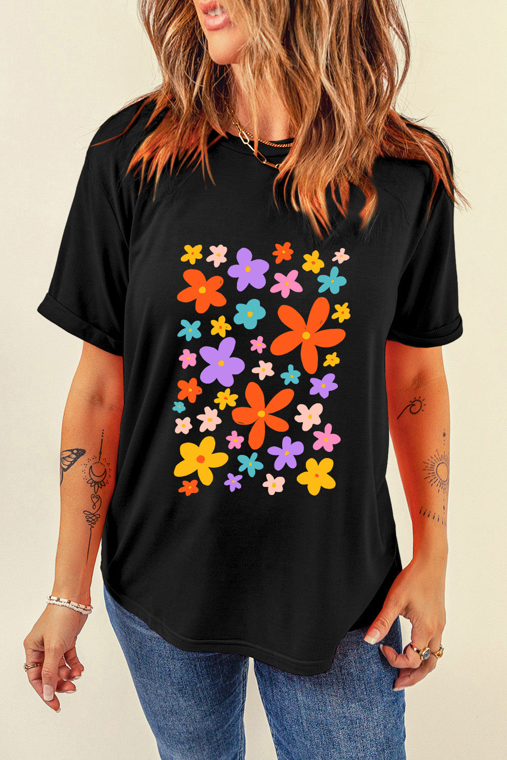 Flower Graphic Round Neck Short Sleeve T-Shirt