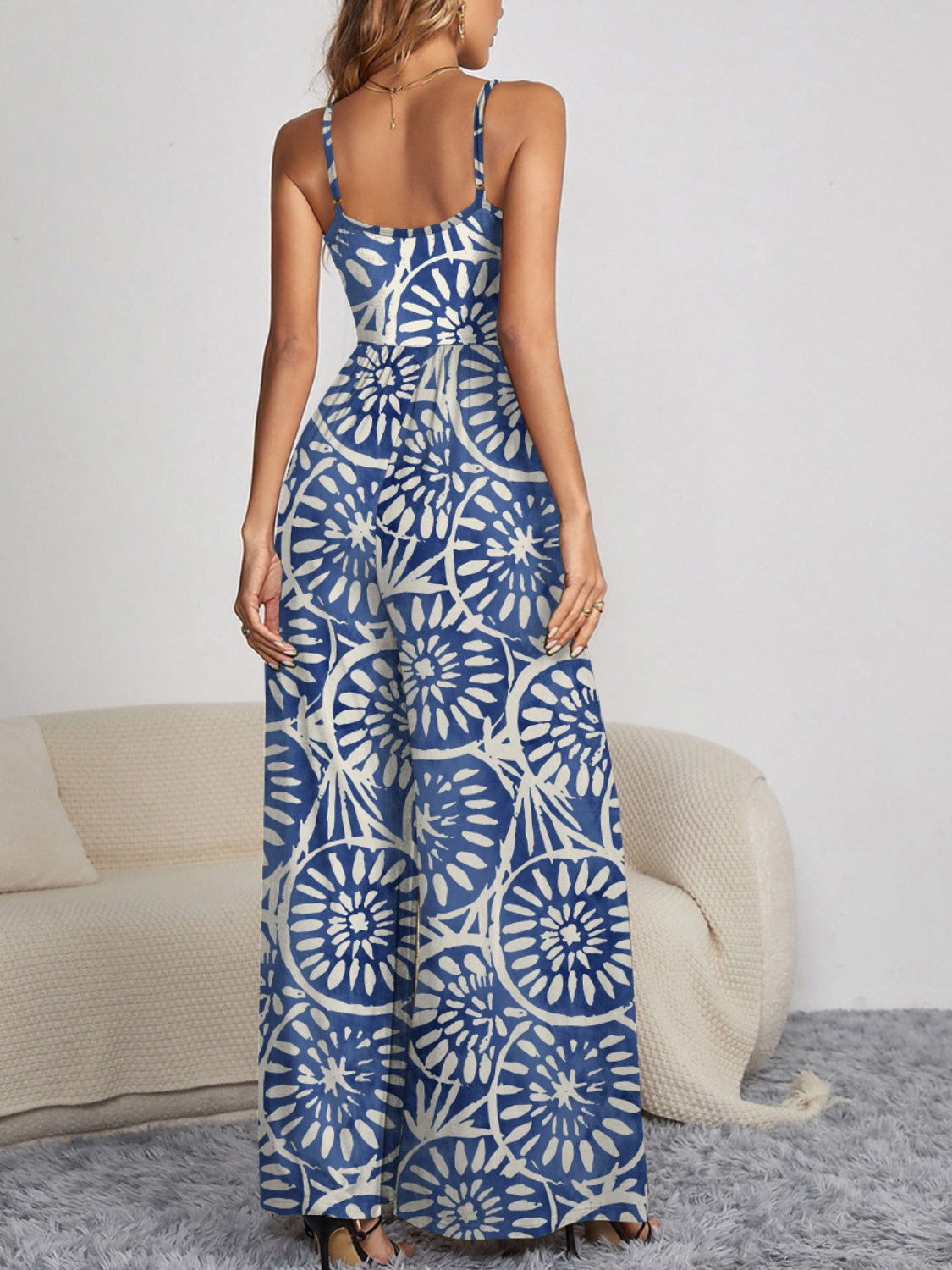 Decorative Button Spaghetti Strap Wide Leg Jumpsuit