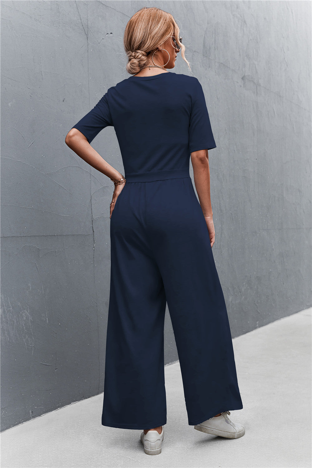 Scoop Neck Half Sleeve Wide Leg Jumpsuit