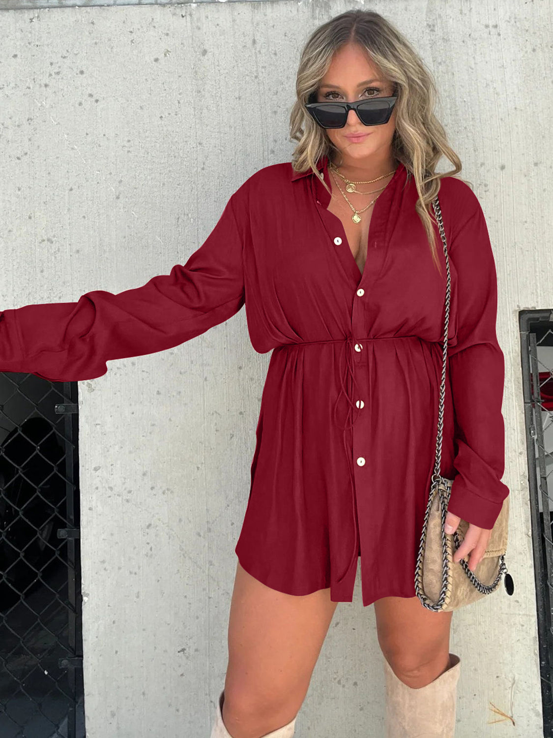 Button Up Long Sleeve Slit Shirt and Shorts Set