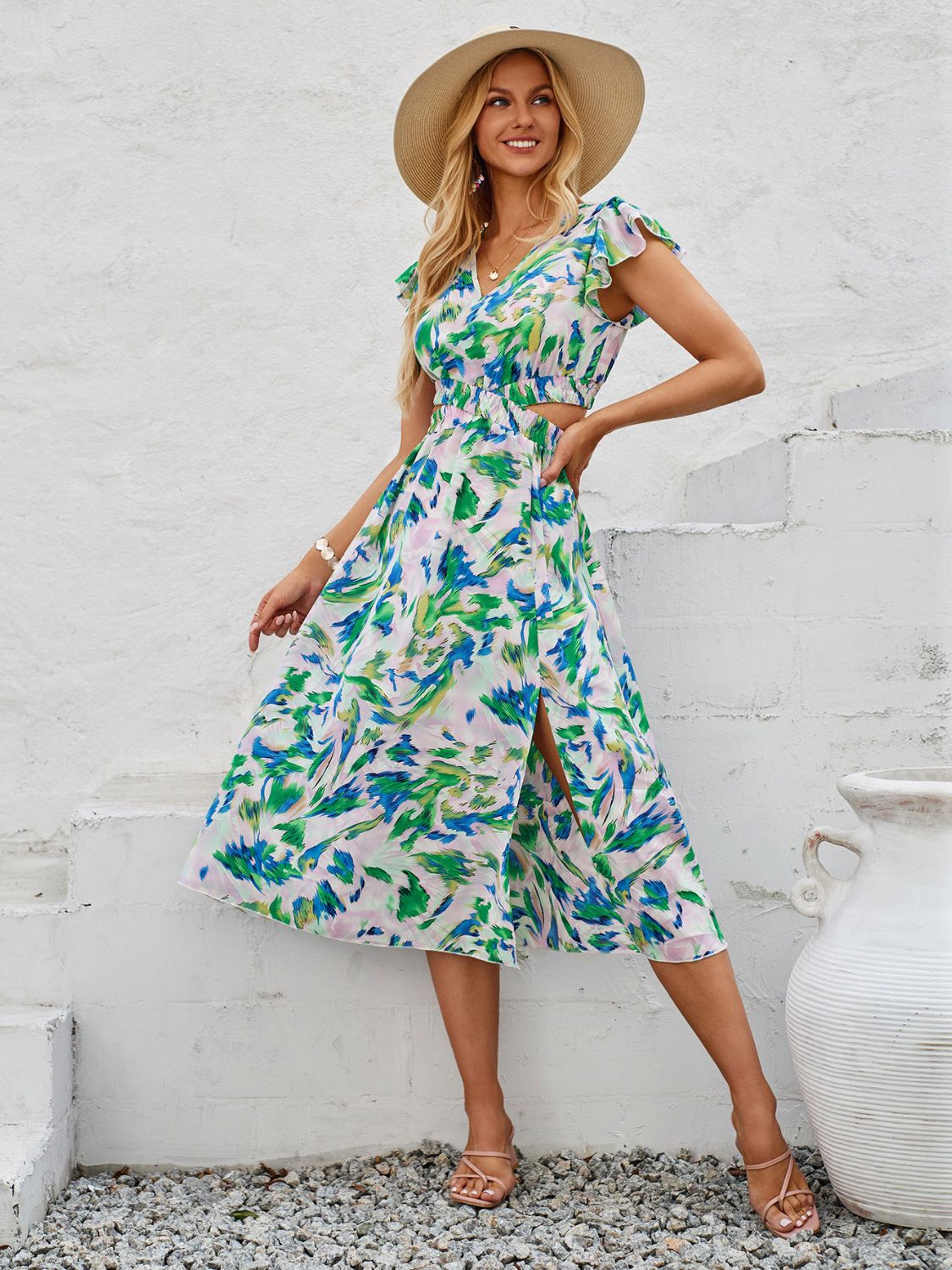 Cutout Slit Printed Cap Sleeve Dress