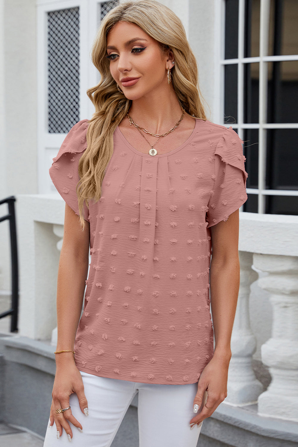 Swiss Dot Round Neck Petal Sleeve Blouse