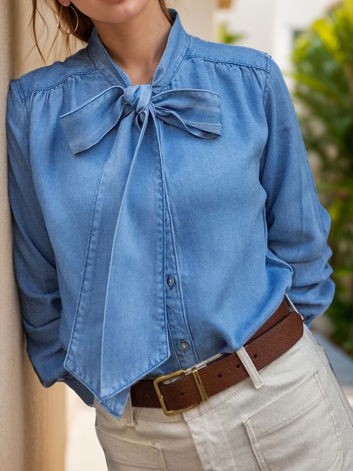 Tie Neck Long Sleeve Denim Top