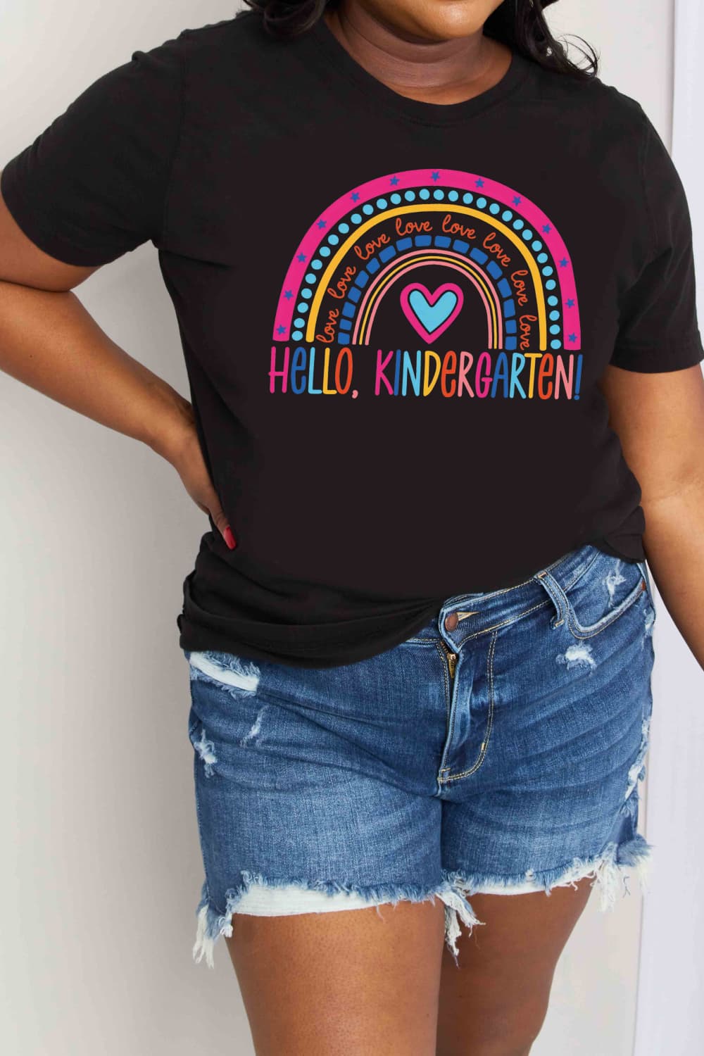 Simply Love Full Size LOVE HELLO KINDERGARTEN Rainbow Graphic Cotton Tee