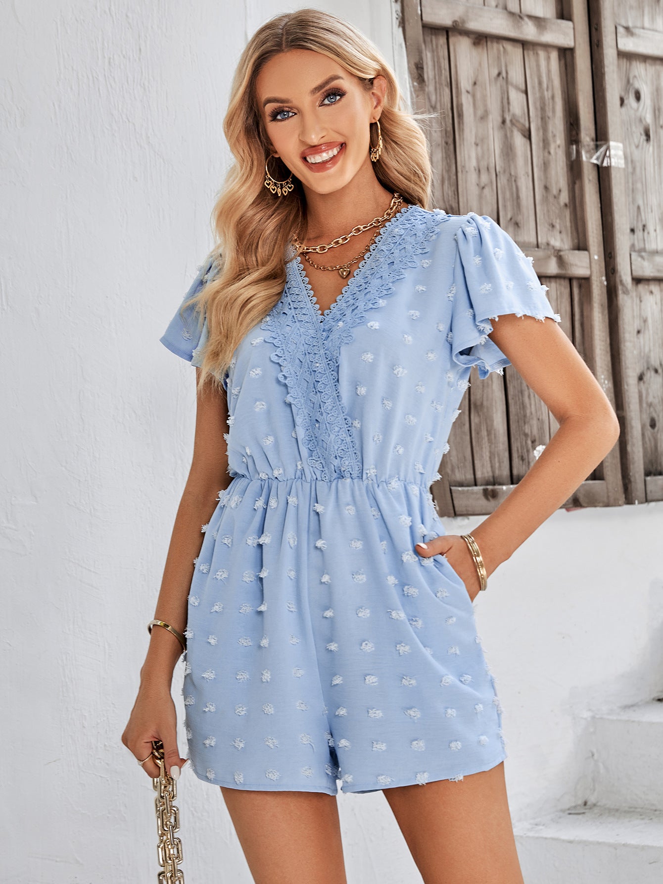 Swiss Dot Lace Trim Flutter Sleeve Romper with Pockets