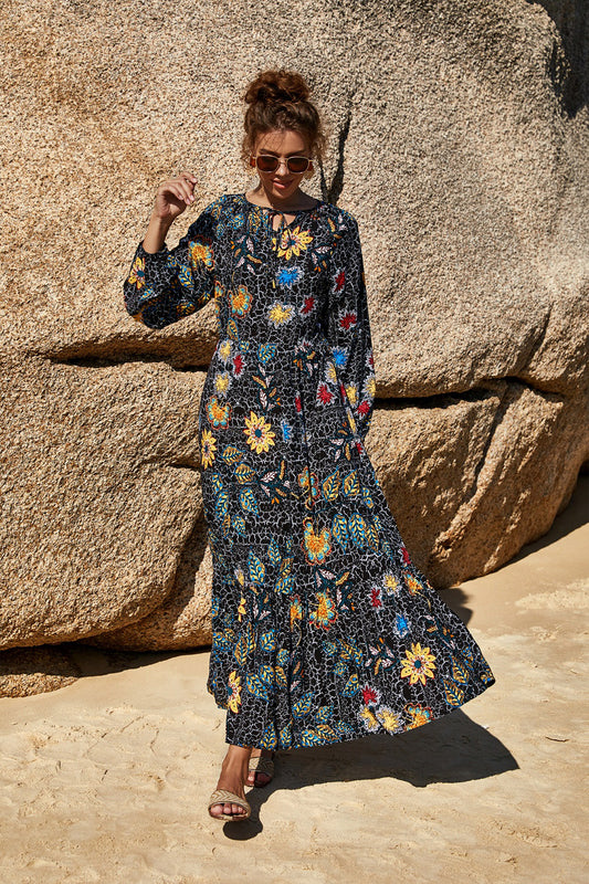 Printed Tie Neck Long Sleeve Dress