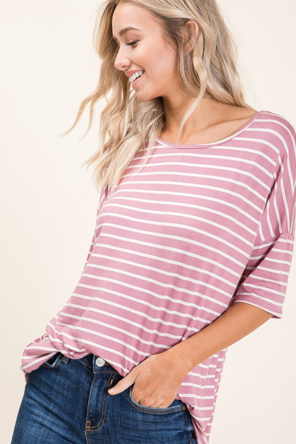 BOMBOM Striped Round Neck Half Sleeve T-Shirt