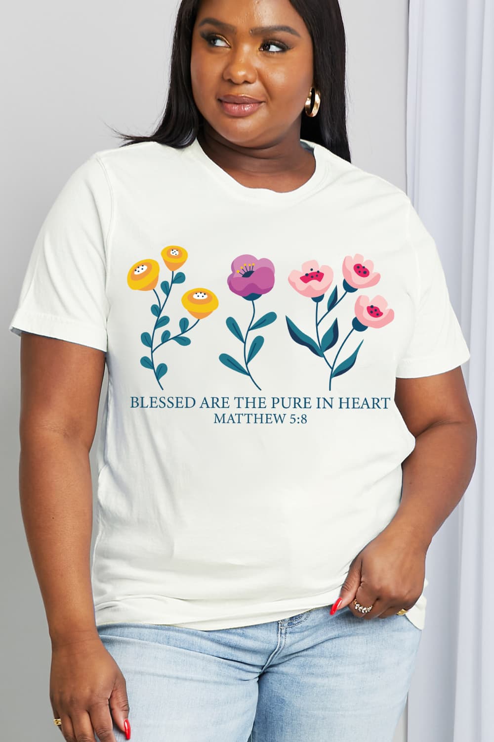 Simply Love Full Size BLESSED ARE THE PURE IN HEART Matthew 5:8 Graphic Cotton Tee