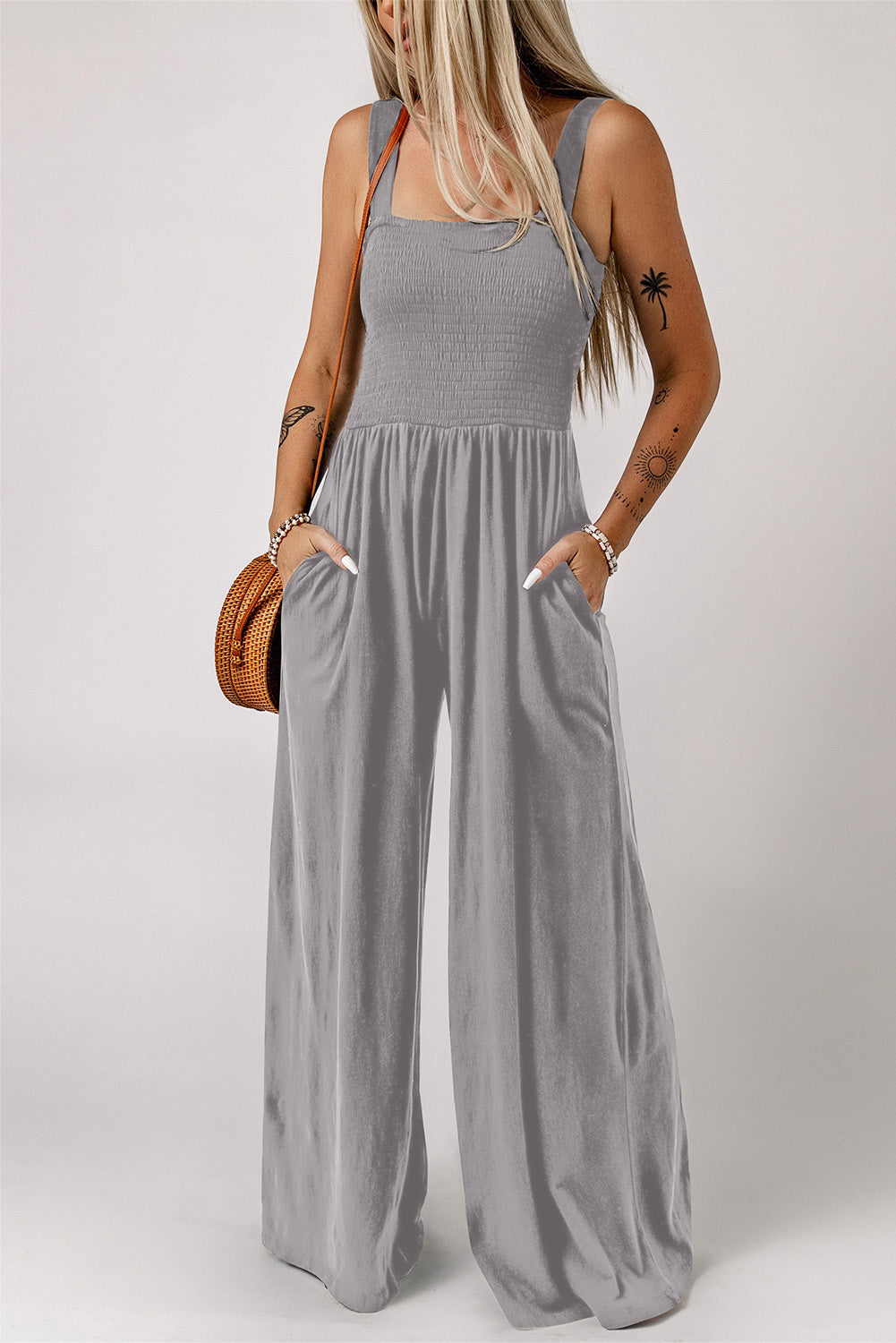 Smocked Square Neck Wide Leg Jumpsuit with Pockets