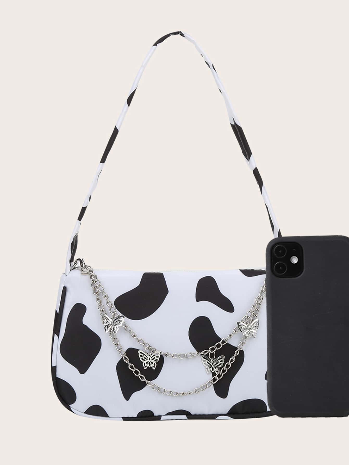 Cow Print Butterfly Charm Shoulder Bag