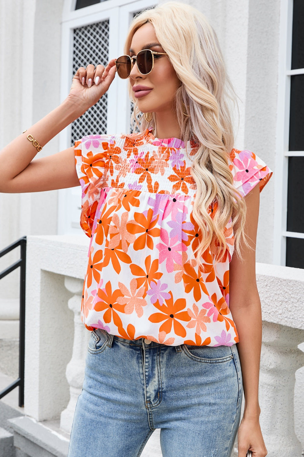 Printed Round Neck Cap Sleeve Blouse