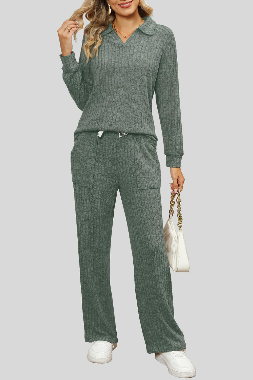 Ribbed Long Sleeve Top and Pocketed Pants Set