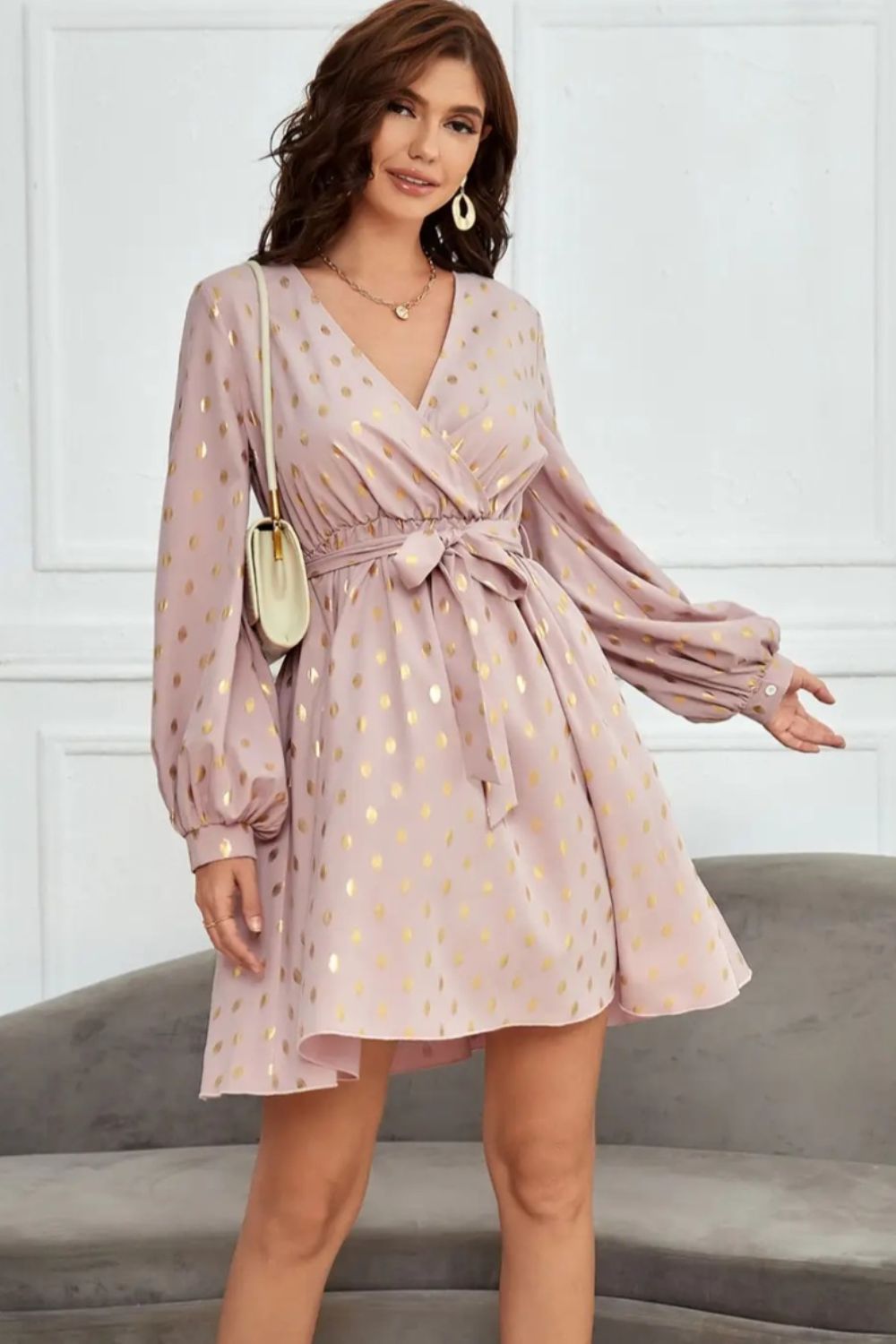 Tied Printed Surplice Long Sleeve Dress