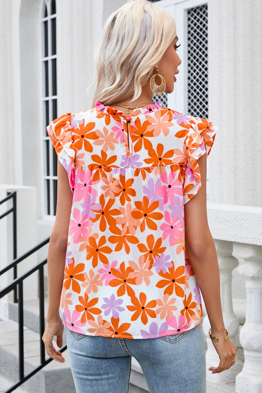 Printed Round Neck Cap Sleeve Blouse