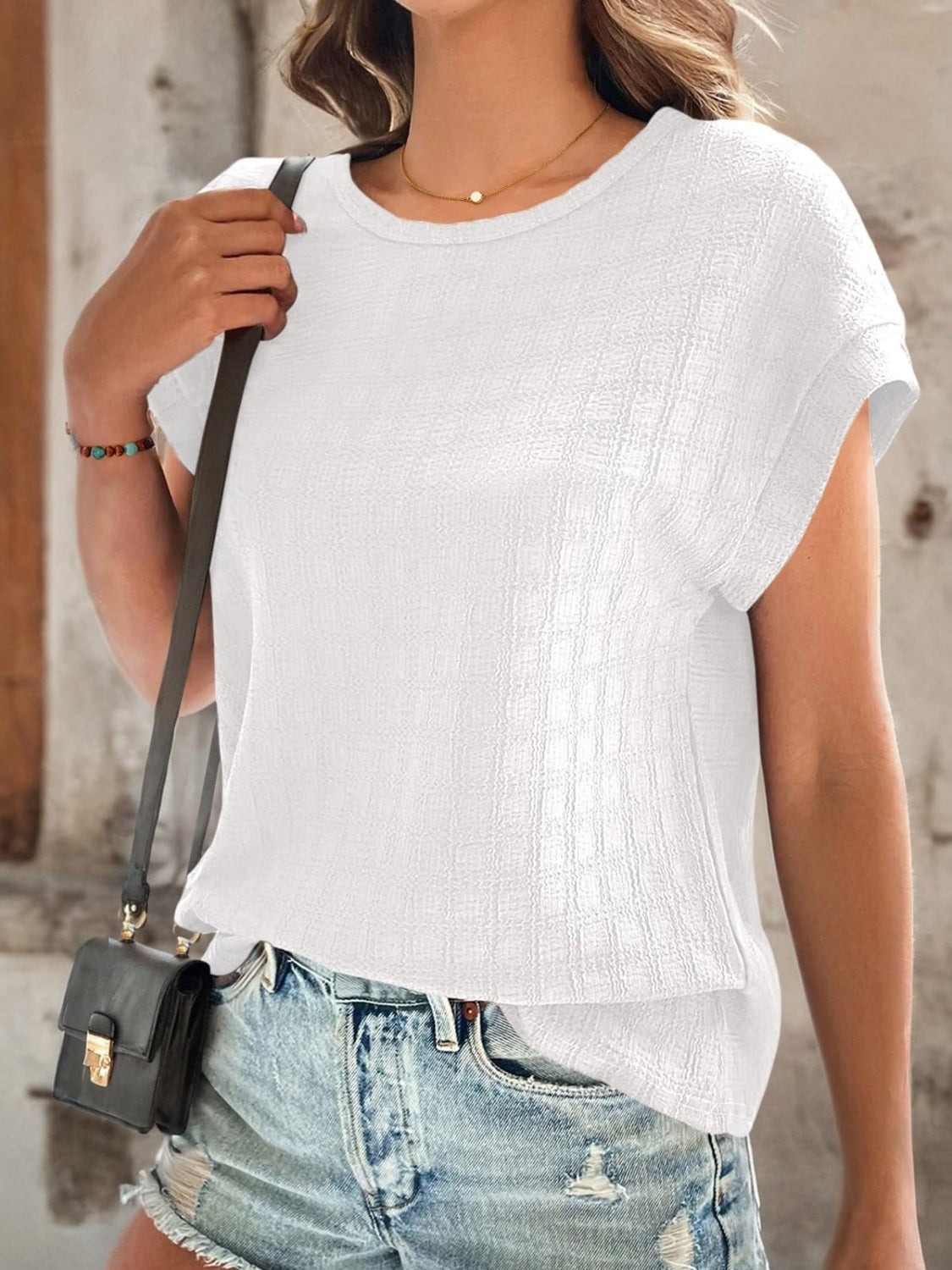 Textured Round Neck Short Sleeve Top