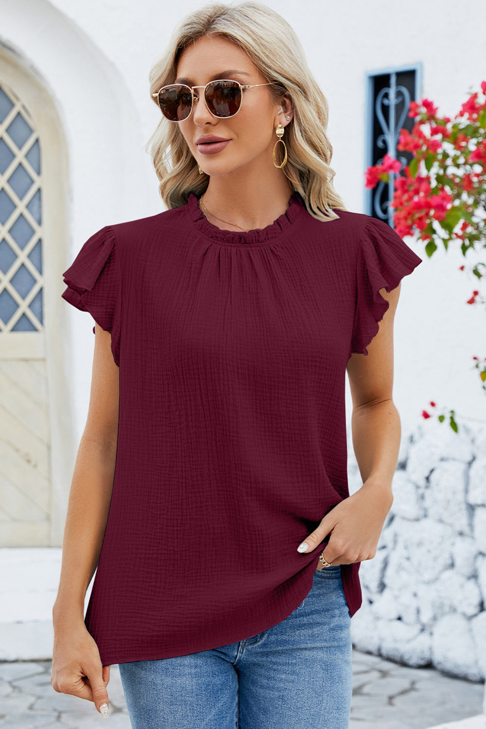 Ruffled Round Neck Cap Sleeve Blouse