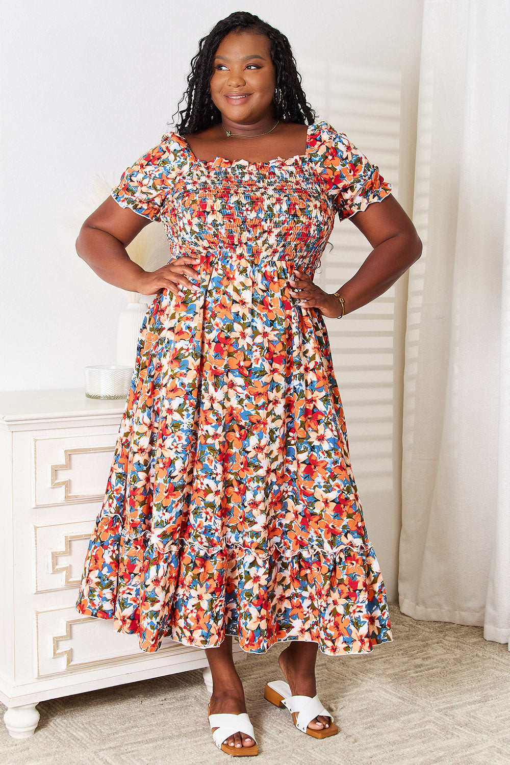 Plus Size Floral Smocked Square Neck Dress