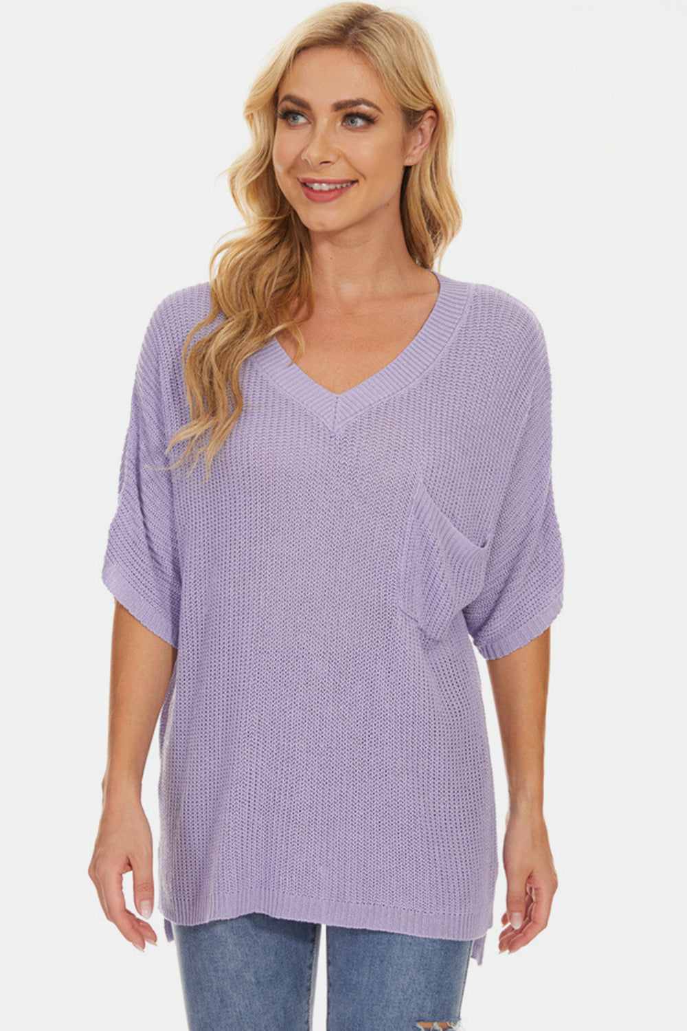 Pocketed V-Neck Half Sleeve Knit Top