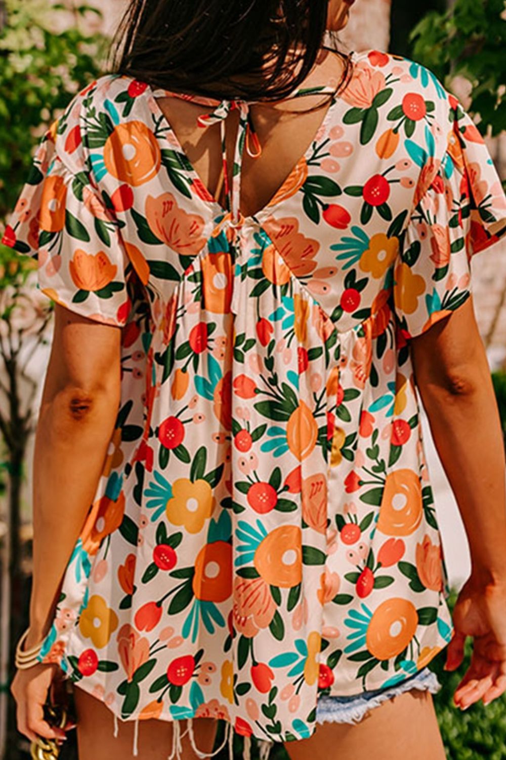 Printed V-Neck Short Sleeve Blouse