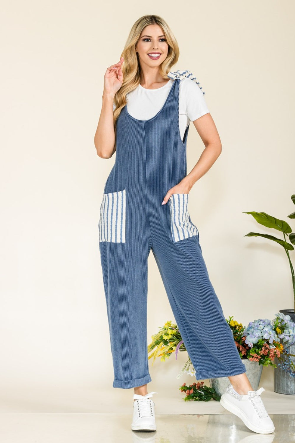 Celeste Full Size Stripe Contrast Pocket Rib Jumpsuit