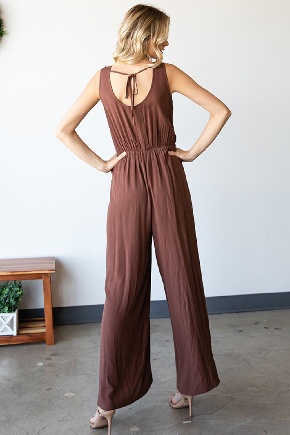 First Love Tie Back Sleeveless Slit Wide Leg Jumpsuit