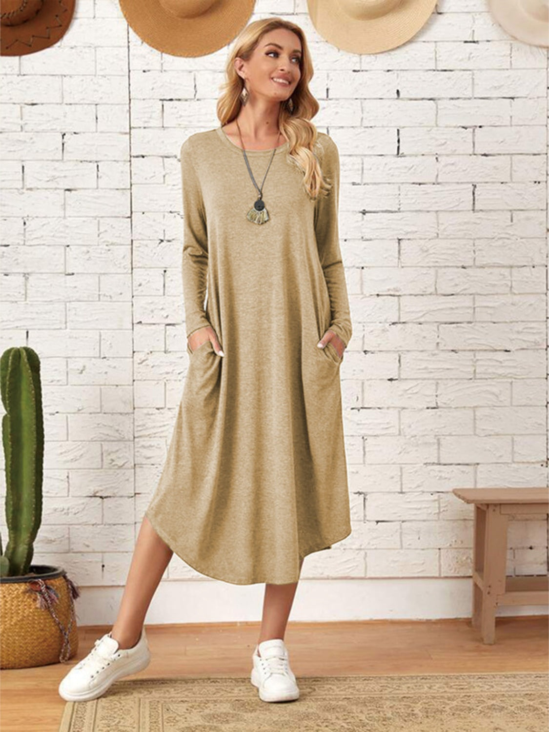 Pocketed Round Neck Long Sleeve Tee Dress