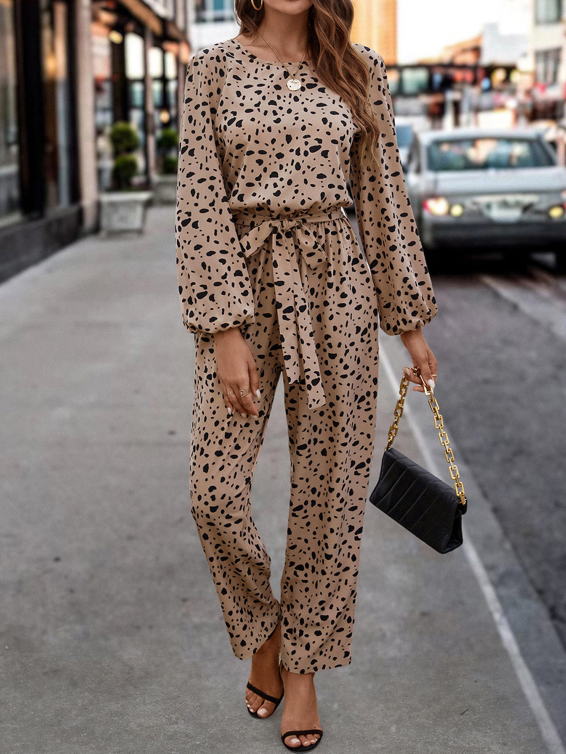 Leopard Tie Front Balloon Sleeve Jumpsuit