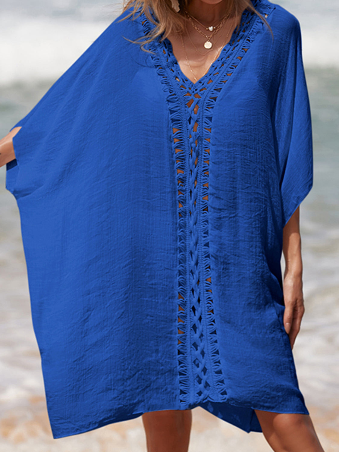 Cutout V-Neck Three-Quarter Sleeve Cover Up