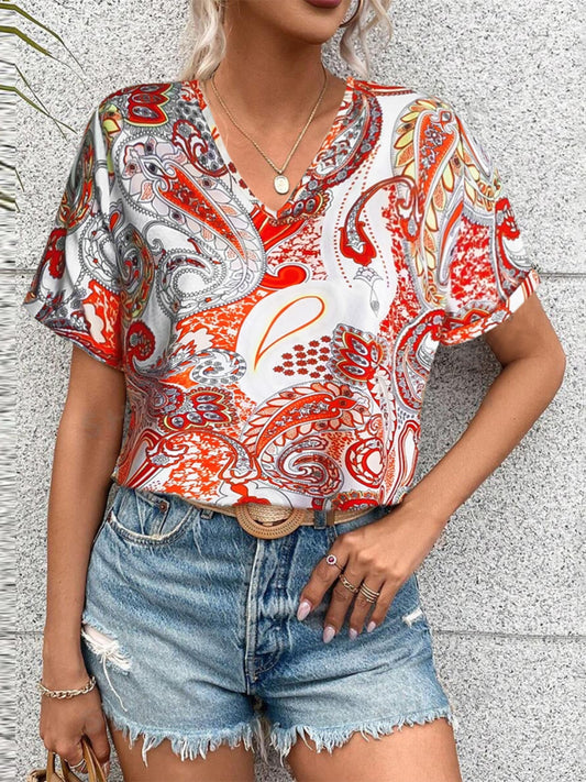 Printed V-Neck Short Sleeve Blouse