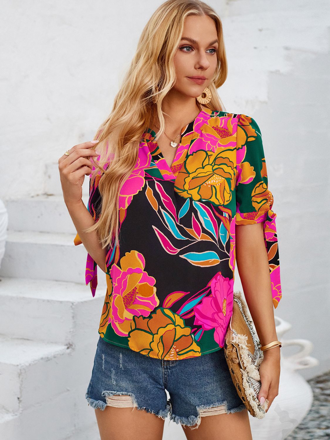 Tied Printed Notched Short Sleeve Blouse